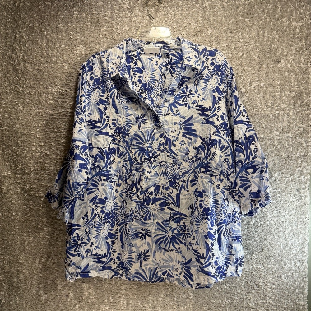 Cynthia Rowley Linen Tunic Top 3/4 Sleeve 1X Coastal Minimalist Beach Buttons